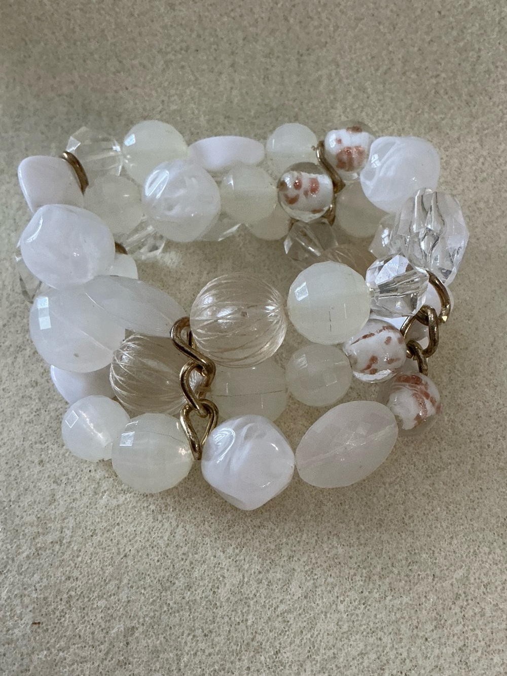 White Multi-Bead Stretch Bracelet with Gold Accents